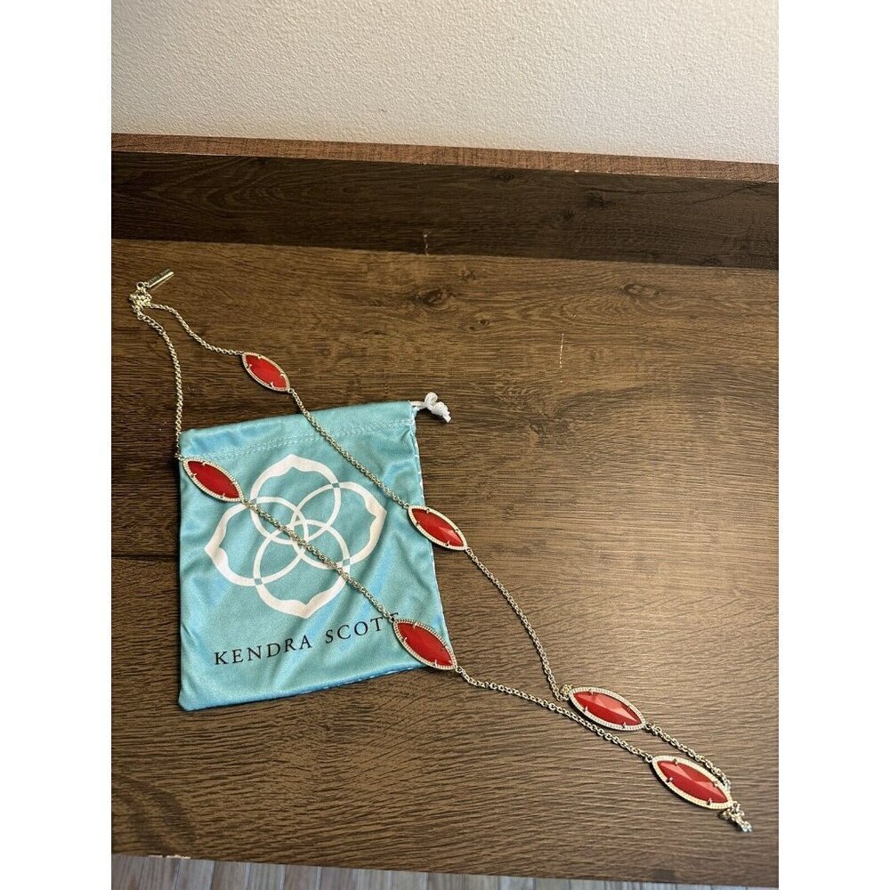 Kendra Scott Tory Marquis Station Long Necklace Gold Translucent‎ Red Stones - Picture 2 of 5